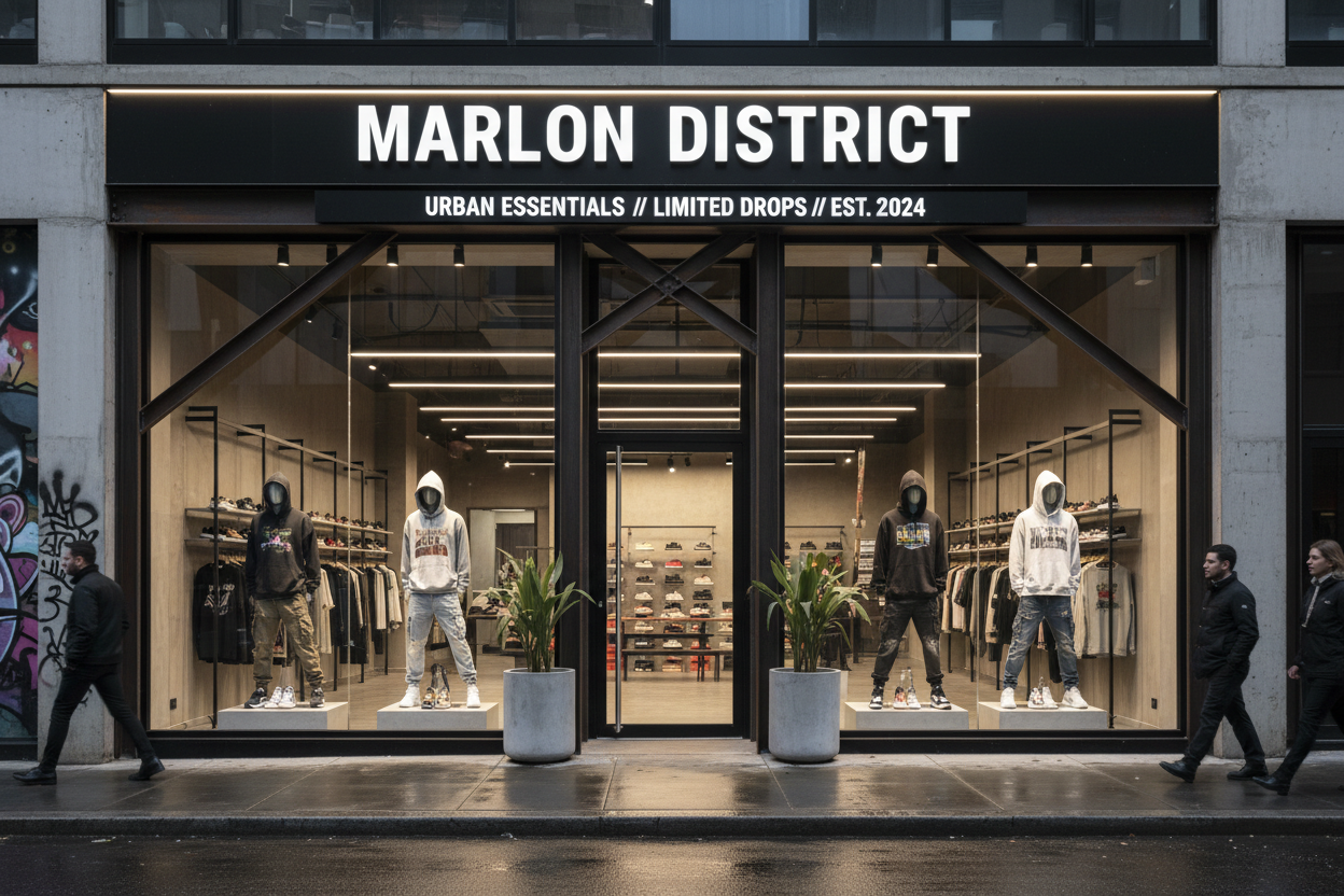 storefront of a streetwear store with the name marlon district